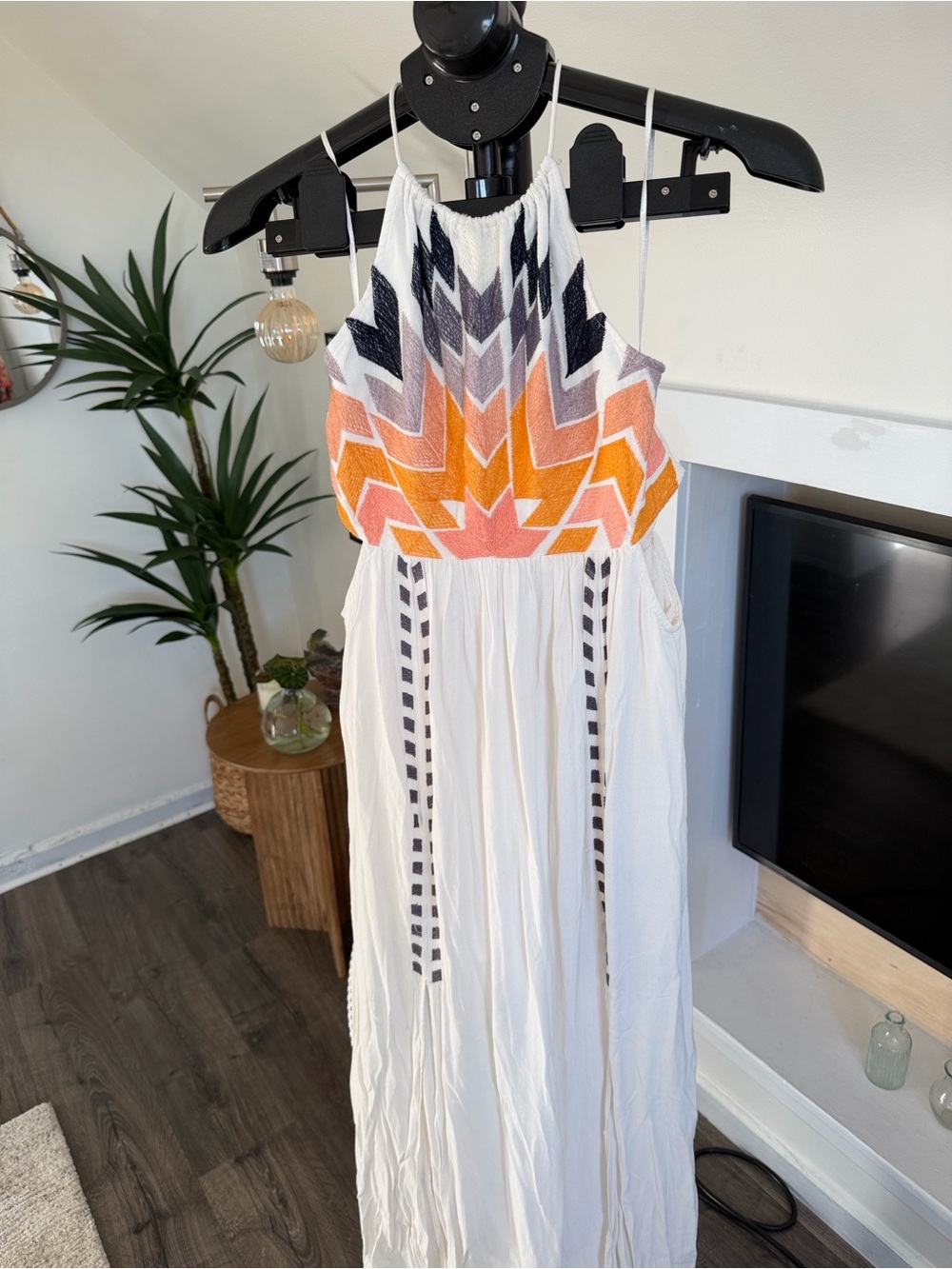 Rip Curl White Maxi Dress with Orange and Black Chevron Embroidery